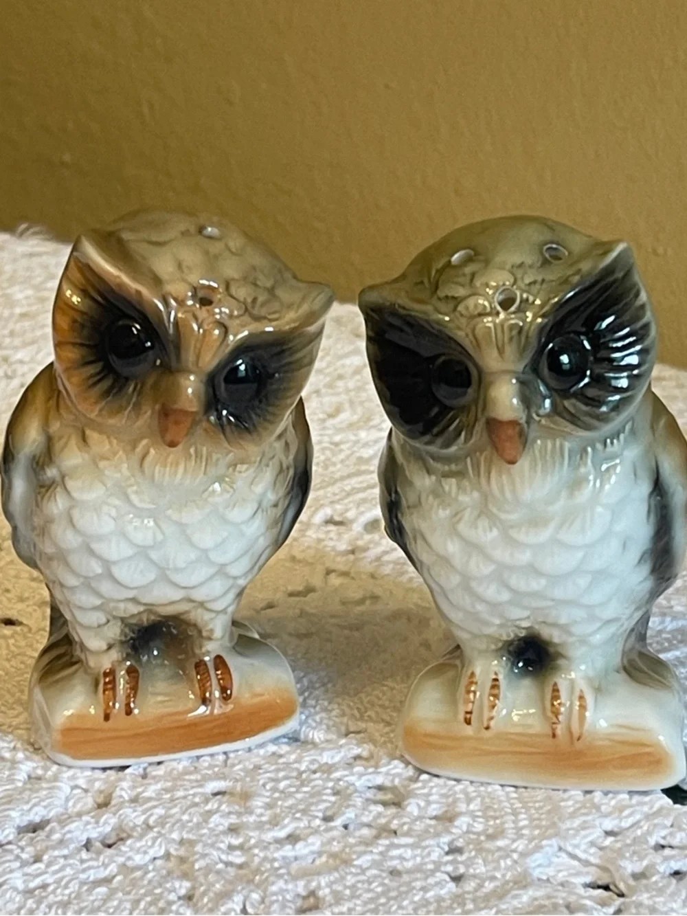 Vintage Pair of Ceramic Owl Salt and Pepper Shakers - White and Brown